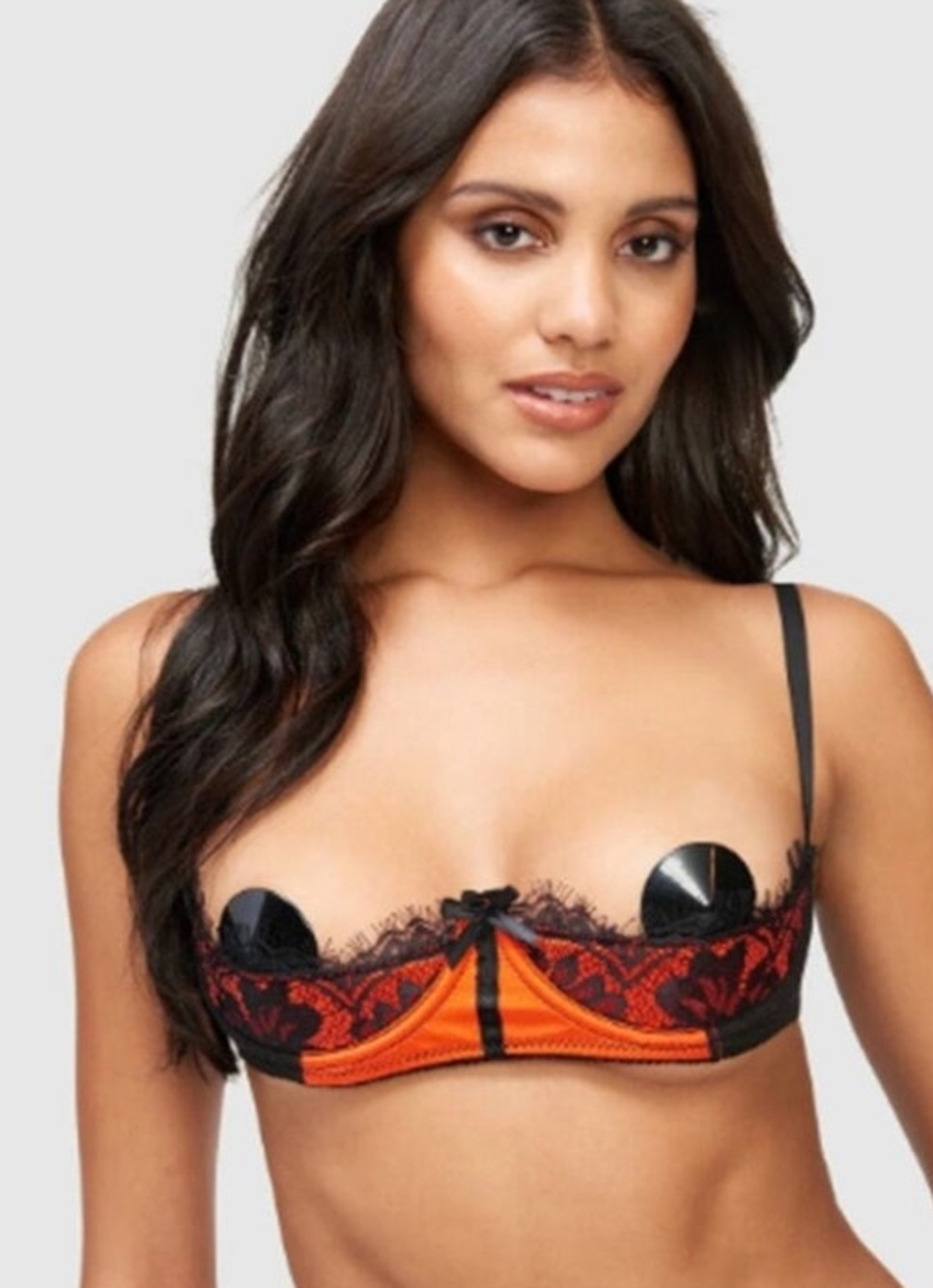 Frederick's of Hollywood Black and Orange Satin Lace Open Cup Underwire Bra - 10